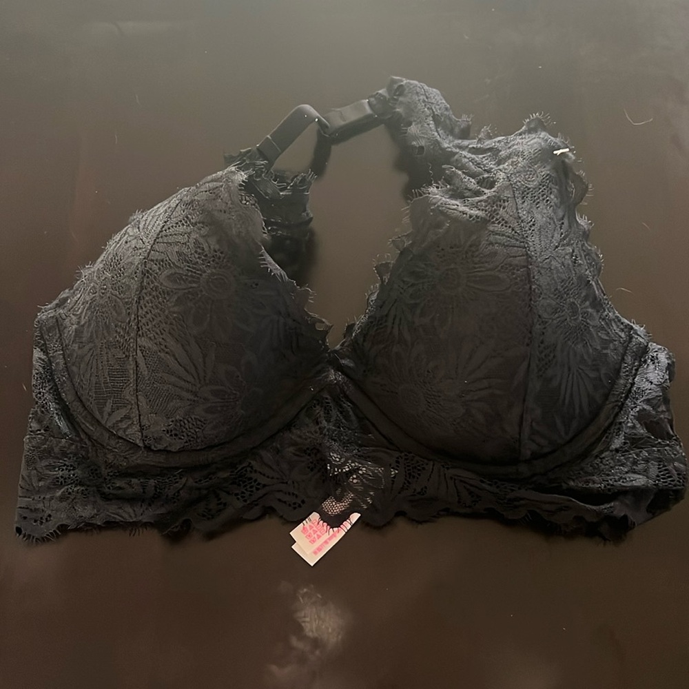 PINK Lace Bralette Lightly Lined Black Halter - Medium